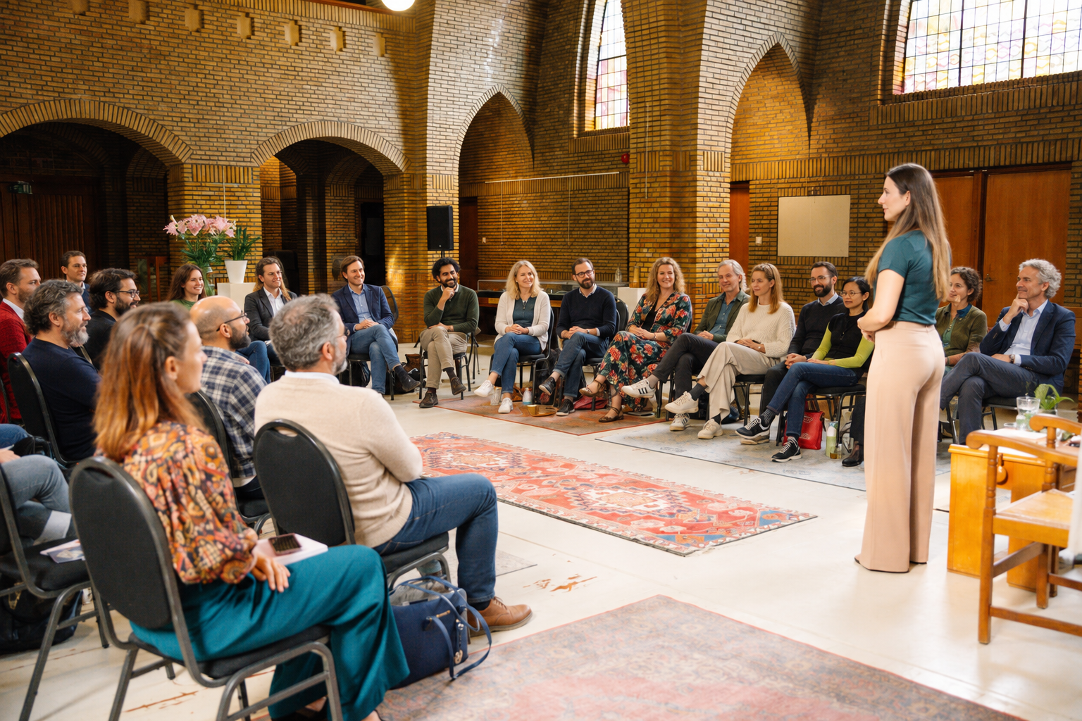 Yvonne Maas begeleidt een gesprek met een grote groep in een kring